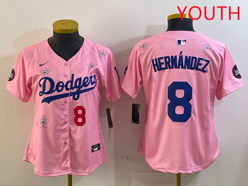 Youth Los Angeles Dodgers #8 Hernandez Pink Sakura Edition 2025 Nike MLB Jersey style 1